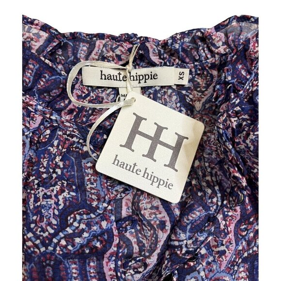 Haute Hippie 100% Silk Indigo Boho Ruffle Blouse NWT XS (Runs Oversized) - Picture 7 of 10